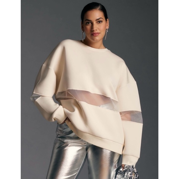 NEW Anthropologie Cream Mesh Paneled Women’s Oversized Sweatshirt Sz L Petite - Picture 1 of 12